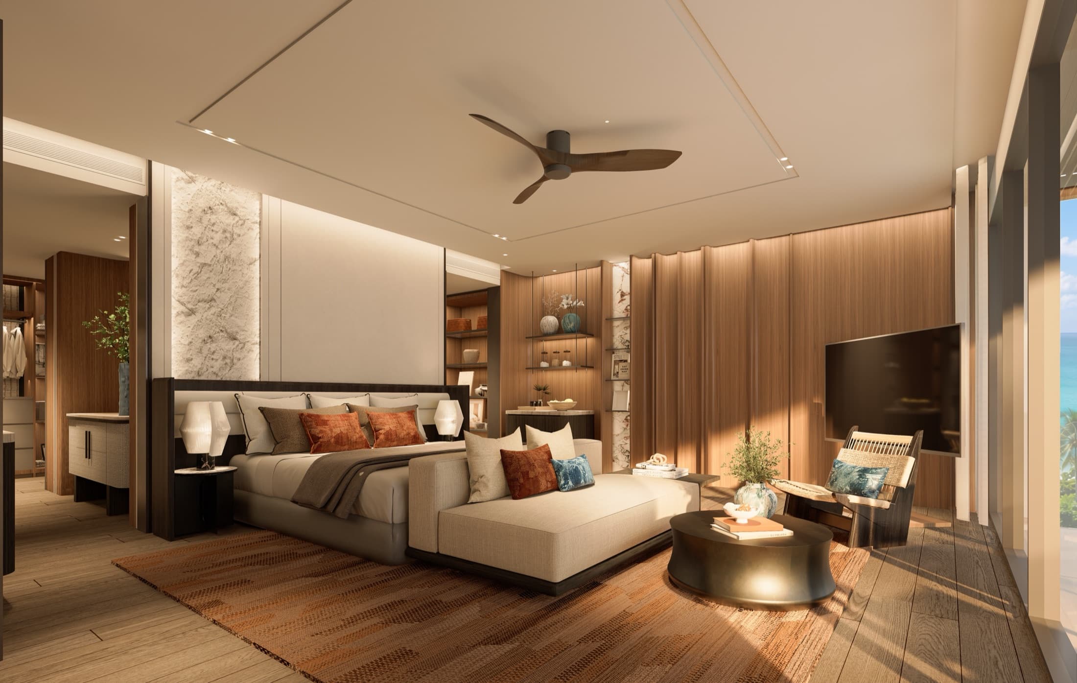 Varuna master bedroom filled with warm Andaman sunset light